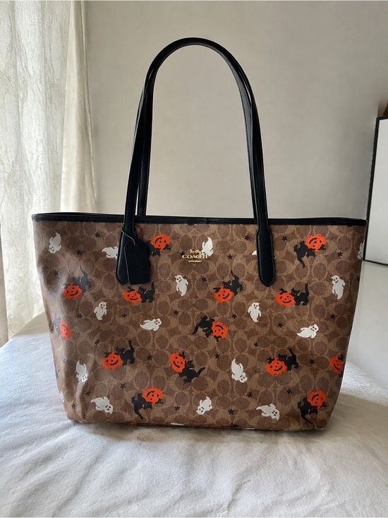 Coach Handbags - Coach Brown Signature Halloween Tote with Orange Pumpkins & White Ghosts